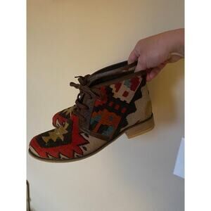 Turkish Kilim Lace Up Booties Leather Wool Colorful 38/ US 8
